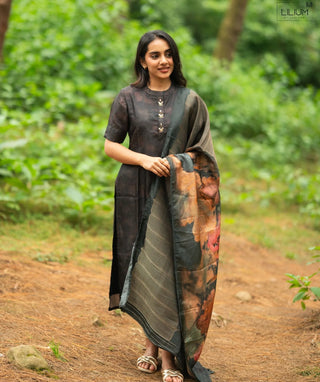 Espresso Black Velvet Hand Embroidered Kurti with Shawl