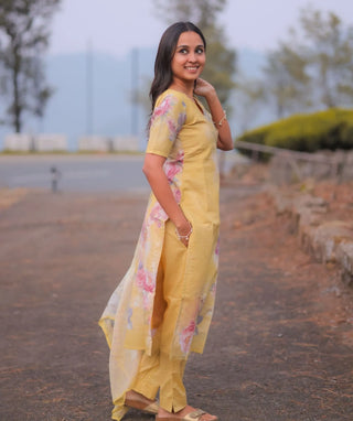 Golden Marigold Embroidered Cotton 3 Piece Festive Set