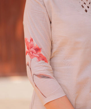 Ivory Bloomscape Cotton Kurti – 3/4 Sleeve Casual Wear