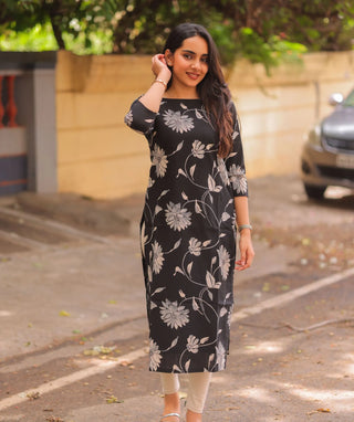 Noir Petals Cotton Kurti – Casual 3/4 Sleeve Everyday Wear