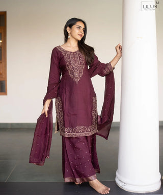 Royal Mulberry Wine Tussar Slub Silk 3 Piece Festive Set