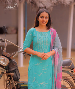 Regal Turquoise Linen Slub 3 Piece Set with Zari