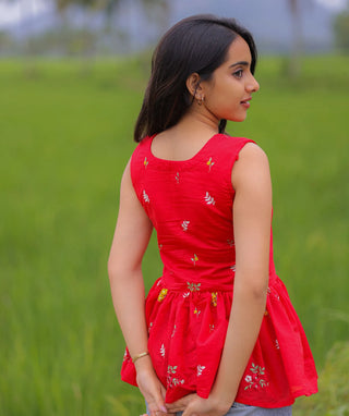 Carmine Red Embroidered Blossom Mul Cotton Short Top