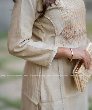 Festive 3-Piece Set in Cream Jute Linen with Embroidery