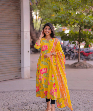 Sunlit Yellow Cotton A line Kurti with Shawl – Casual Wear