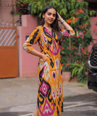Amber Ikat Cotton A-Line Kurti with 3/4 Sleeves