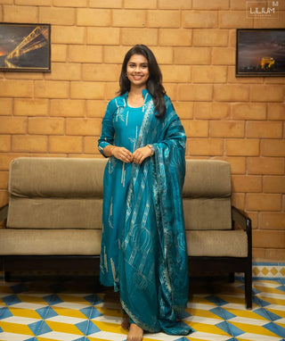 Persian Teal Pure Muslin 3-Piece Set with Zari Work