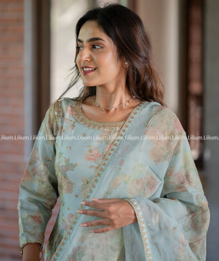 Pastel Green Tussar Silk 3-Piece Set with Embroidery