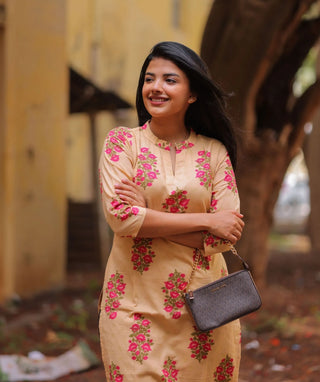 Rosewood Beige Cotton Kurti | 3/4 Sleeve Everyday Wear