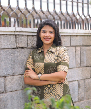 Olive Mosaic Cotton Co-Ord Set with Pockets for Women