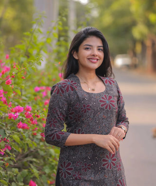 Charcoal Maroon Bloom Muslin Kurti for Women