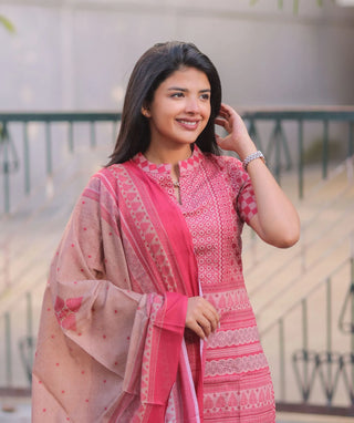 Vintage Fuchsia Cotton 3 Piece Set with Hand Embroidery