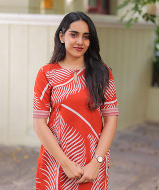 Coral Flame Cotton Kurti – Elbow Sleeve Casual Wear