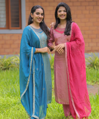 Azure Lotus Tissue Silk 3-Piece Set with Pockets