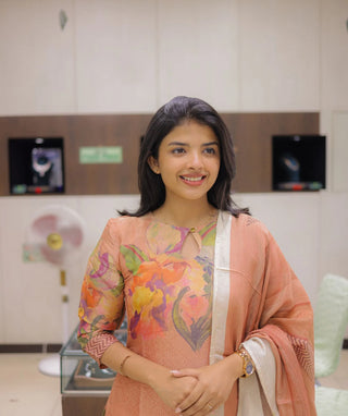 Peach Orange Kurti with Shawl – Floral Pure Muslin
