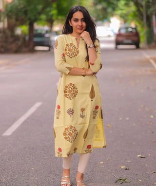 Chic Buttercream Blossom Cotton Kurti for Daily Wear