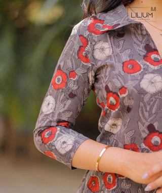 Grey Handblock Cotton Short Top with Red Blossom