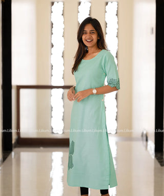 Pastel Green Cotton Kurti with Embroidery - Casual Wear