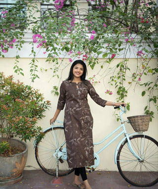 Cocoa Leaf Brown Cotton Kurti – 3/4 Sleeve Casual
