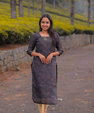 Smoky Graphite Ash Hand Embroidered Muslin Festive Kurti