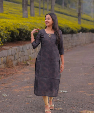 Smoky Graphite Ash Hand Embroidered Muslin Festive Kurti