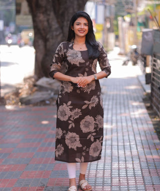Mocha Magnolia Cotton Printed Kurti for Everyday Elegance