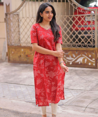 Coral Crimson Cotton Kurti with Elbow Sleeves