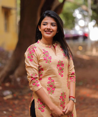 Rosewood Beige Cotton Kurti | 3/4 Sleeve Everyday Wear