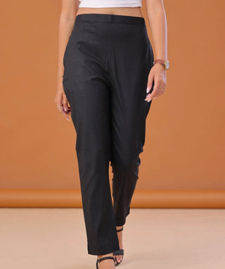 Midnight Black Cotton Lycra Ready-to-Wear Bottom with Pockets