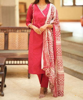 Cardinal Red 3-Piece Set with Embroidery – Traditional Wear