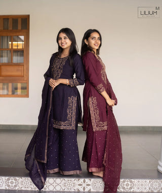 Royal Mulberry Wine Tussar Slub Silk 3 Piece Festive Set
