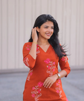 Terracotta Rose Cotton Kurti with 3/4 Sleeves
