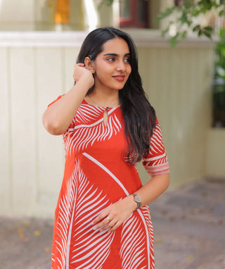 Coral Flame Cotton Kurti – Elbow Sleeve Casual Wear
