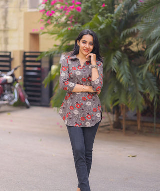 Grey Handblock Cotton Short Top with Red Blossom