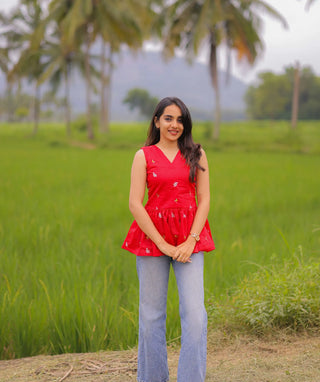 Carmine Red Embroidered Blossom Mul Cotton Short Top
