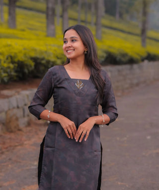 Smoky Graphite Ash Hand Embroidered Muslin Festive Kurti