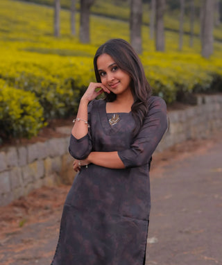 Smoky Graphite Ash Hand Embroidered Muslin Festive Kurti