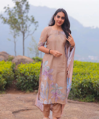 Desert Sand Hand Embroidered Muslin 3 Piece Festive Set