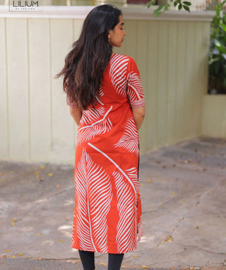 Coral Flame Cotton Kurti – Elbow Sleeve Casual Wear