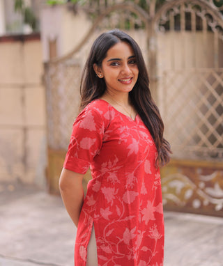 Coral Crimson Cotton Kurti with Elbow Sleeves
