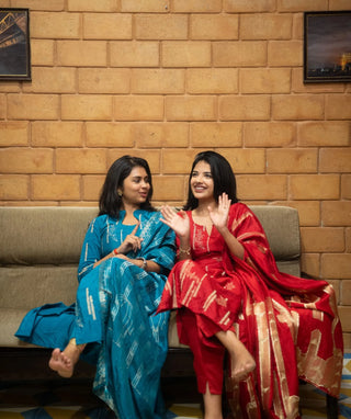 Bold Red Muslin 3 Piece Set with Zari Embroidery