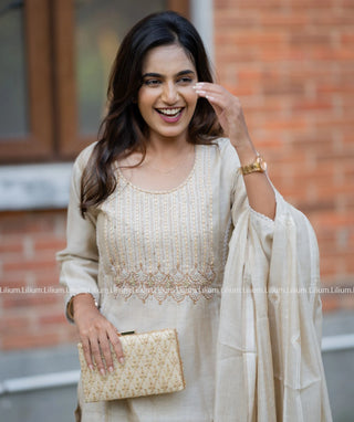 Festive 3-Piece Set in Cream Jute Linen with Embroidery