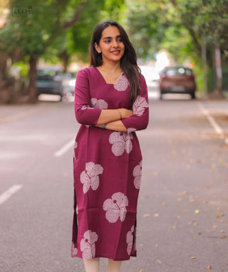 Wine Floral Cotton Kurti – Trending Ethnic Wear