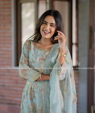 Pastel Green Tussar Silk 3-Piece Set with Embroidery