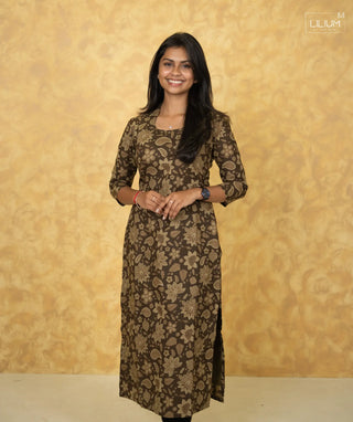 Walnut Floral Cotton Kurti with Lining & 3/4 Sleeves