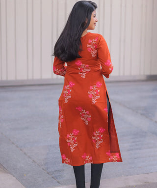 Terracotta Rose Cotton Kurti with 3/4 Sleeves
