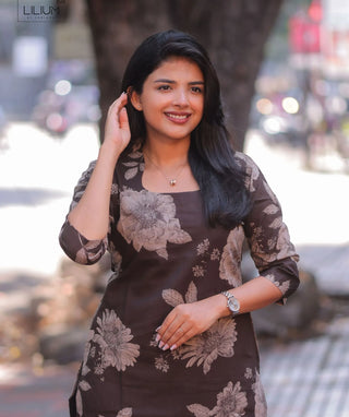 Mocha Magnolia Cotton Printed Kurti for Everyday Elegance