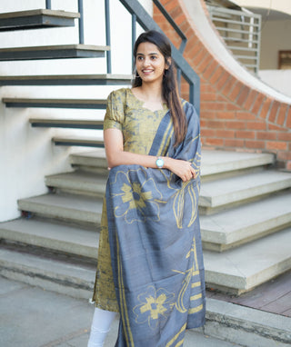 Spring Bloom - Green Raw Silk Kurti with Shawl