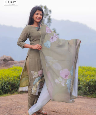 Olive Whisper Hand Embroidered Muslin 3 Piece Festive Set