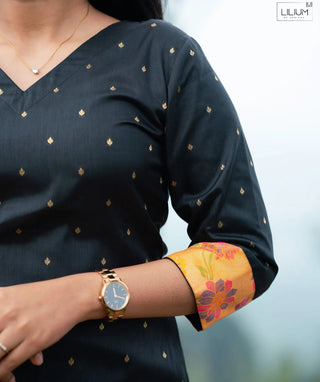 Midnight Sapphire Gold Banaras Silk Festive Kurti